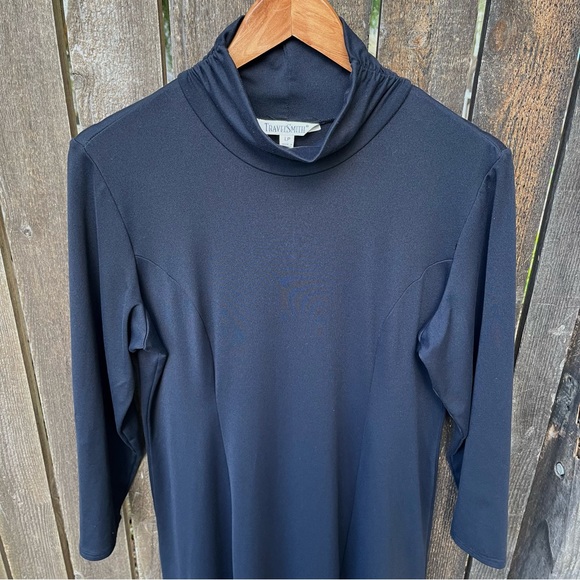 Travelsmith Black Ruched Mock Neck Long Sleeve Dress Sz L Petite - Picture 8 of 13